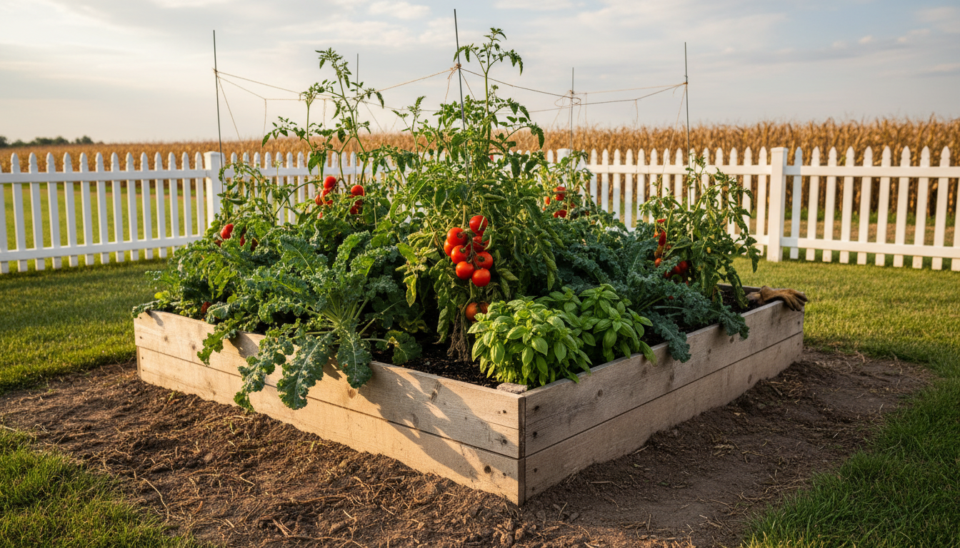 A rustic cedar-raised garden bed bursting with vibrant tomato vines, deep green kale, and bushy basil plants, surrounded by rich, dark, freshly turned soil. The garden bed sits in a spacious Midwestern backyard, flanked by a picket fence and distant rows of golden corn fields. Warm late afternoon sunlight bathes the scene, casting gentle highlights on healthy leaves and creating soft, organic shadows. The environment has a peaceful, inviting mood, perfect for new homesteaders. Framed from a slightly elevated angle to show the bounty and order, with a sharp focus on the lush vegetables and a subtle blur towards the far fence. The artistic style is clean, naturally vibrant, and emphasizes the authentic, hands-on spirit of homesteading.